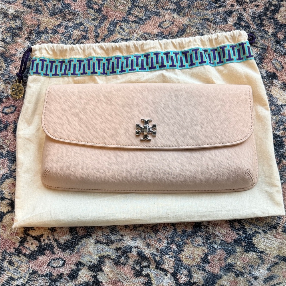 Tory Burch Blush Pink Saffiano Leather Flap Clutch
